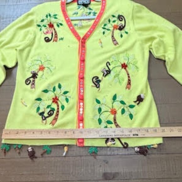 Berek Monkey Jungle Embroidered Cardigan Sweater Yellow Button Front Size Medium - Picture 12 of 15